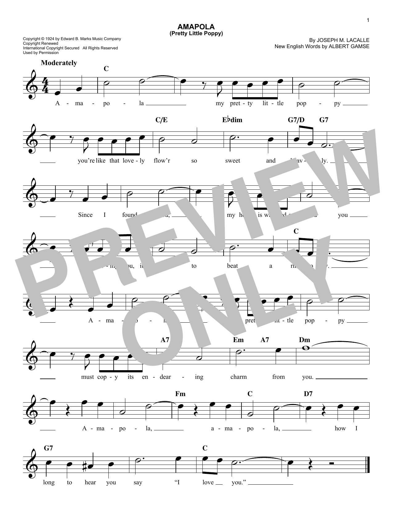 Albert Gamse Amapola (Pretty Little Poppy) sheet music notes and chords arranged for Real Book – Melody & Chords