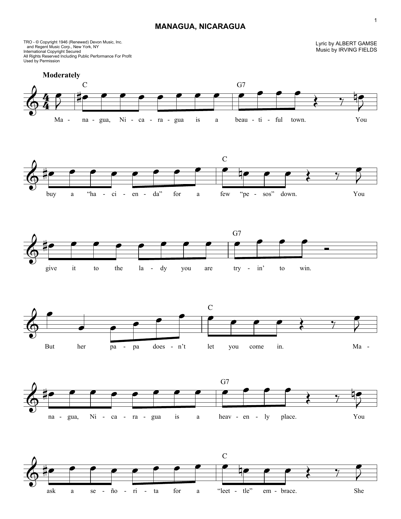 Albert Gamse Managua, Nicaragua sheet music notes and chords arranged for Easy Lead Sheet / Fake Book