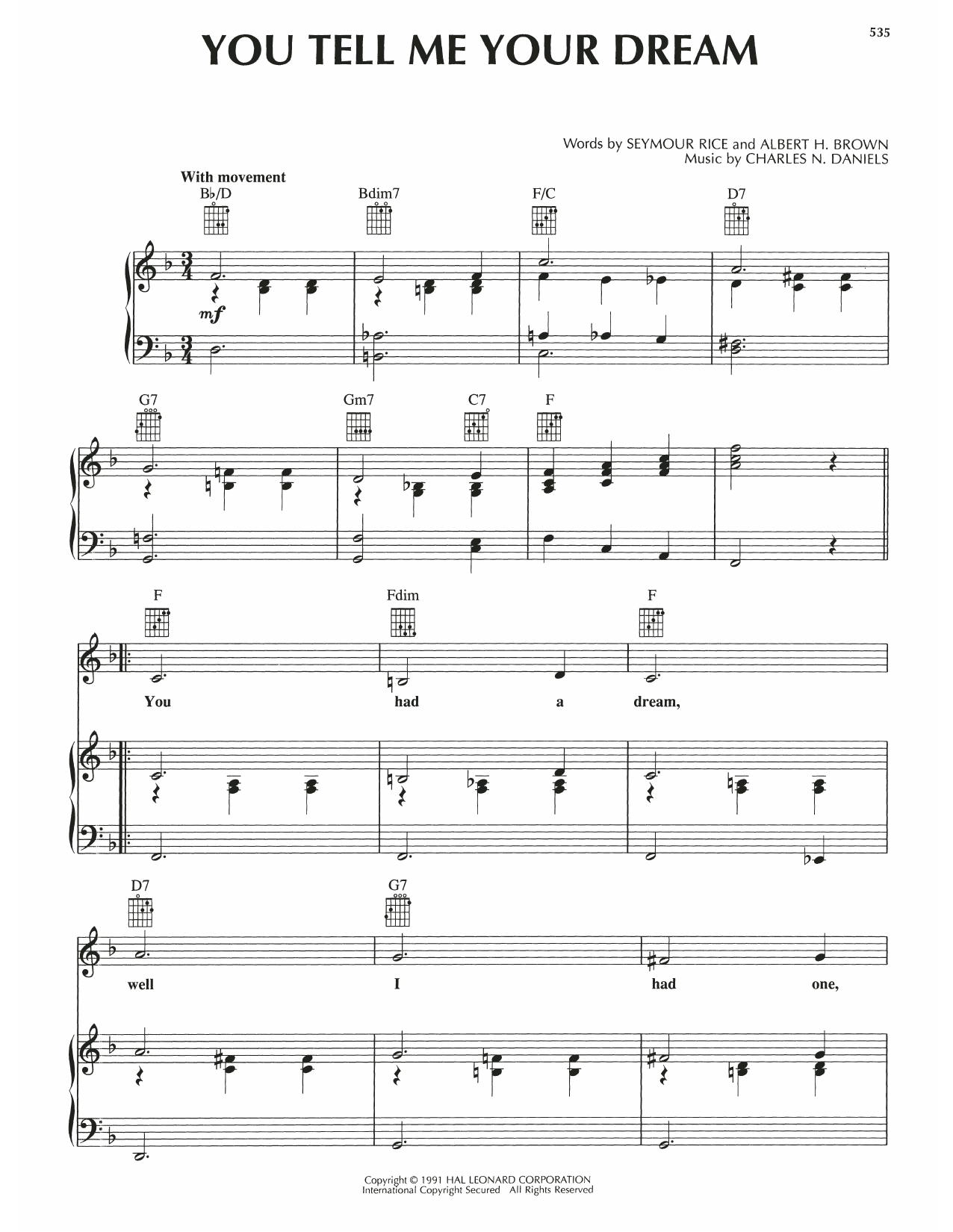 Albert H. Brown You Tell Me Your Dream sheet music notes and chords arranged for Piano, Vocal & Guitar Chords (Right-Hand Melody)