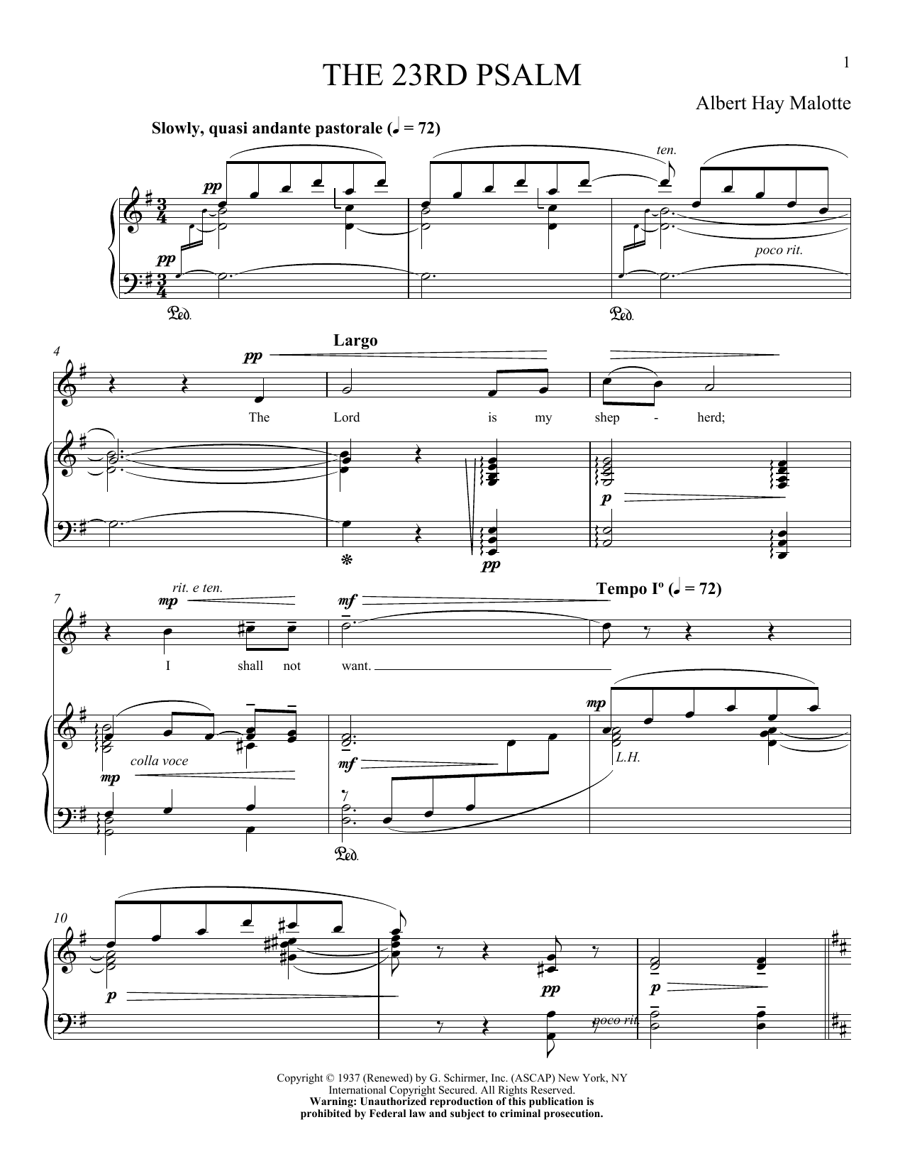 Albert H. Malotte The 23rd Psalm sheet music notes and chords arranged for Piano & Vocal