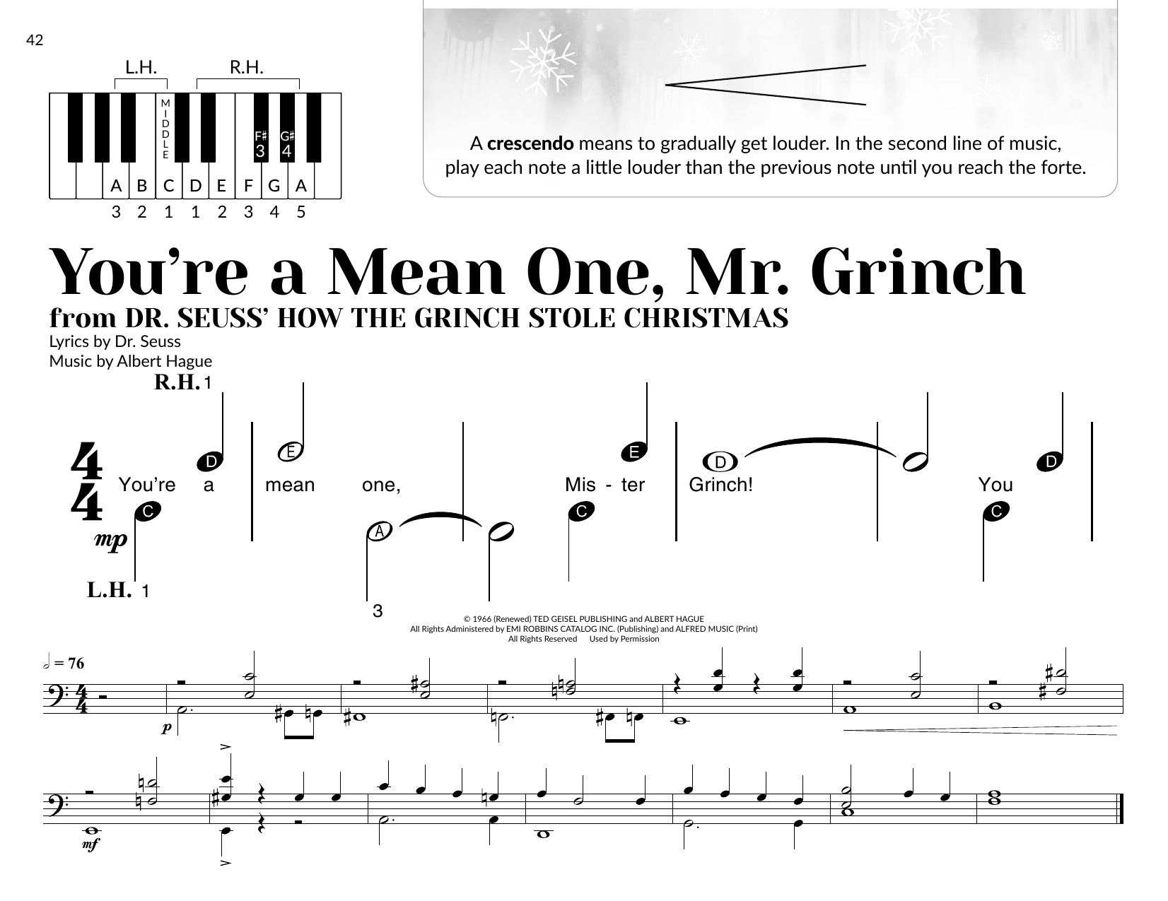 Albert Hague You're A Mean One, Mr. Grinch (arr. Brittany McCorriston) sheet music notes and chords arranged for Very Beginner Piano