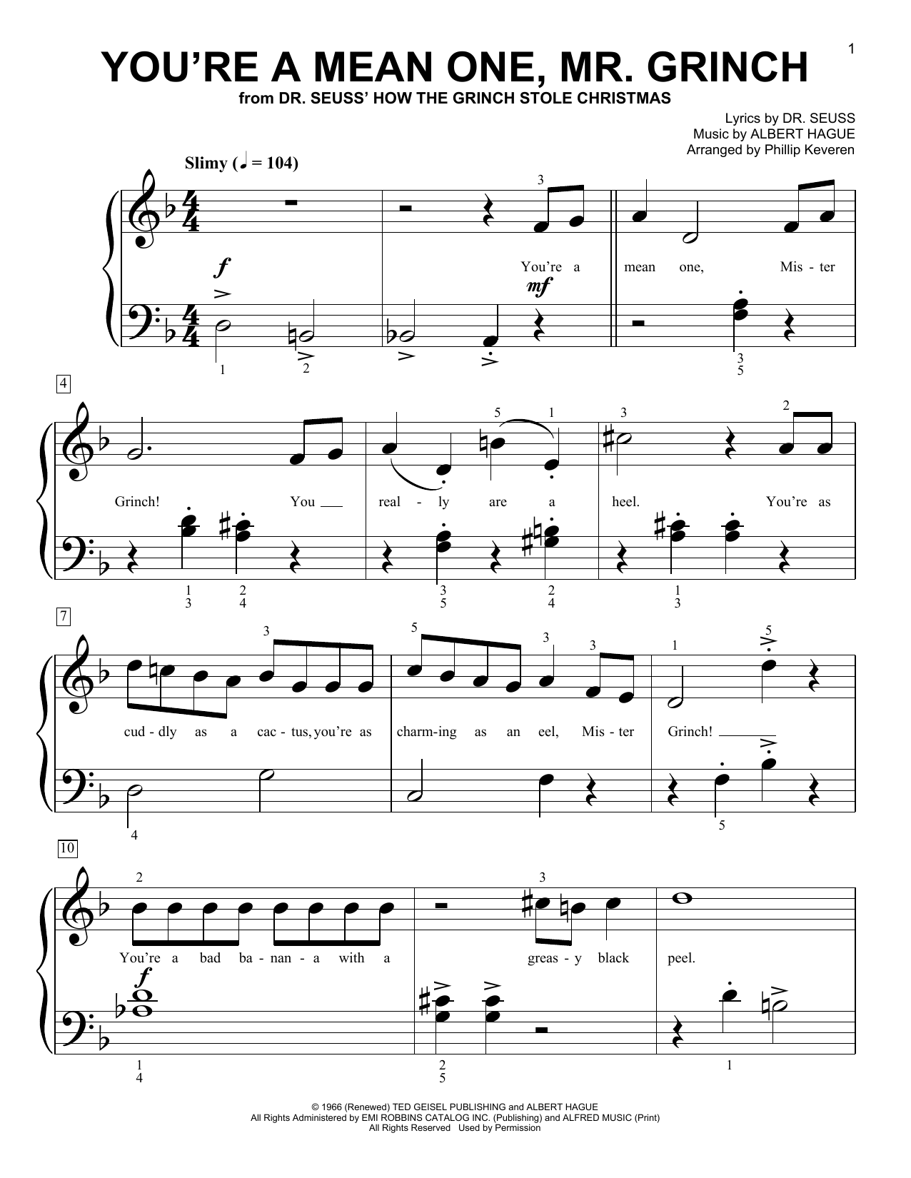 Albert Hague You're A Mean One, Mr. Grinch (from Dr. Seuss How The Grinch Stole Christmas) (arr. Phillip Keveren) sheet music notes and chords arranged for Big Note Piano