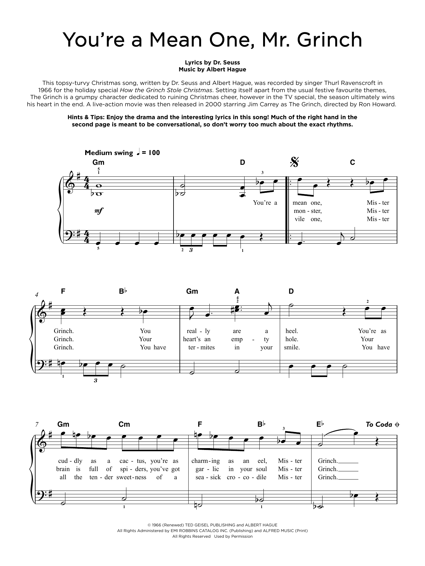 Albert Hague You're A Mean One, Mr. Grinch (from How The Grinch Stole Christmas) sheet music notes and chords arranged for Really Easy Piano