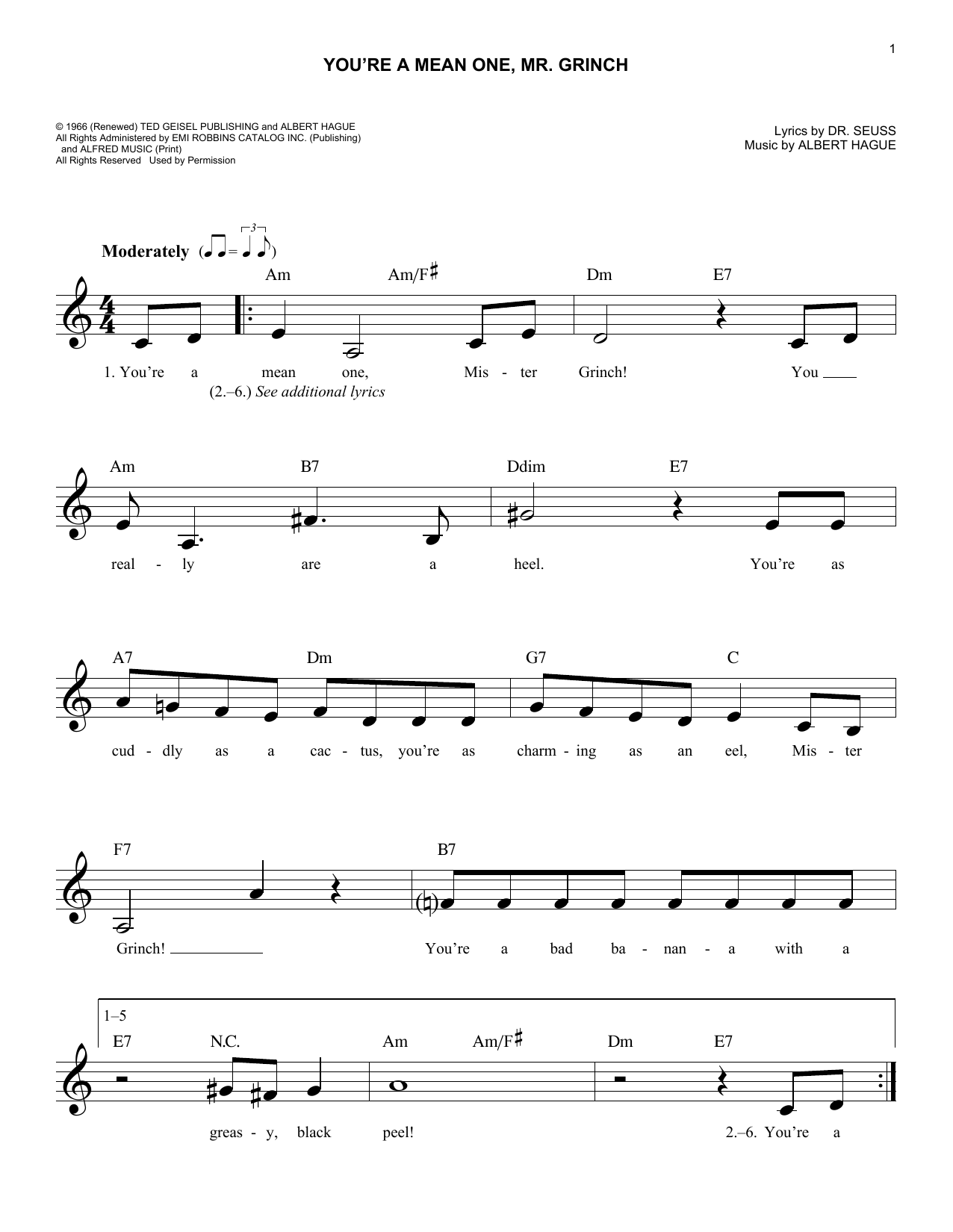 Albert Hague You're A Mean One, Mr. Grinch sheet music notes and chords arranged for Lead Sheet / Fake Book