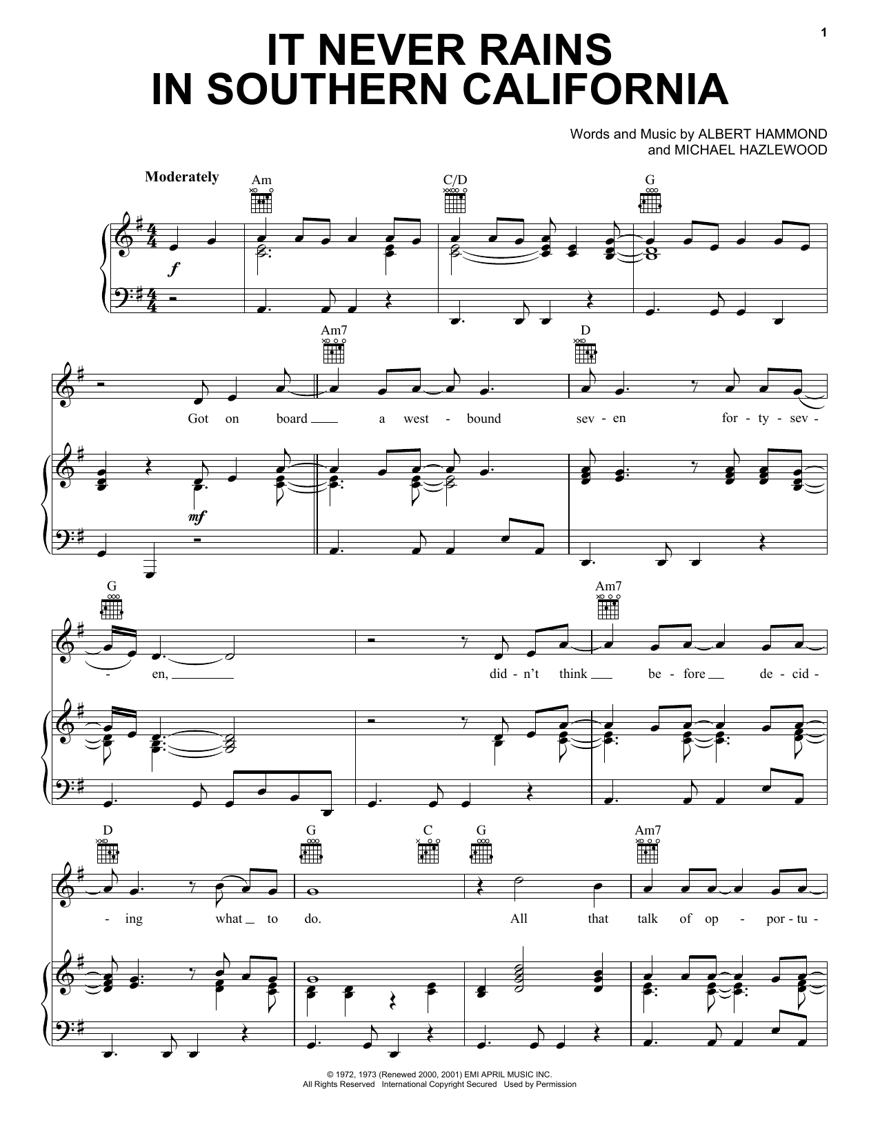 Albert Hammond It Never Rains In Southern California sheet music notes and chords arranged for Ukulele