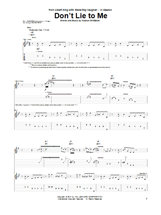 Albert King & Stevie Ray Vaughan Don't Lie To Me sheet music notes and chords arranged for Guitar Tab
