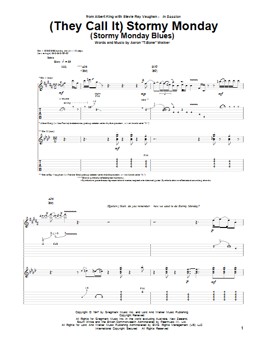 Albert King & Stevie Ray Vaughan (They Call It) Stormy Monday (Stormy Monday Blues) sheet music notes and chords arranged for Guitar Tab