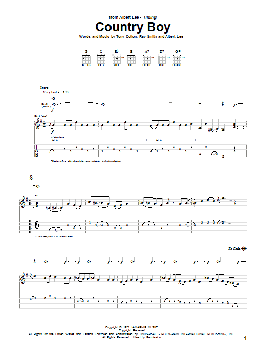 Albert Lee Country Boy sheet music notes and chords arranged for Guitar Tab