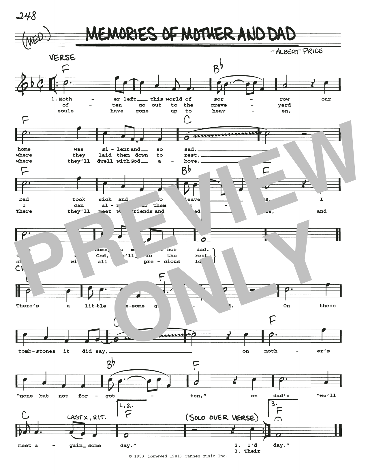 Albert Price Memories Of Mother And Dad sheet music notes and chords arranged for Real Book – Melody, Lyrics & Chords