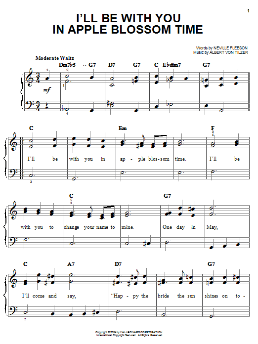 Albert Von Tilzer I'll Be With You In Apple Blossom Time sheet music notes and chords arranged for Easy Piano