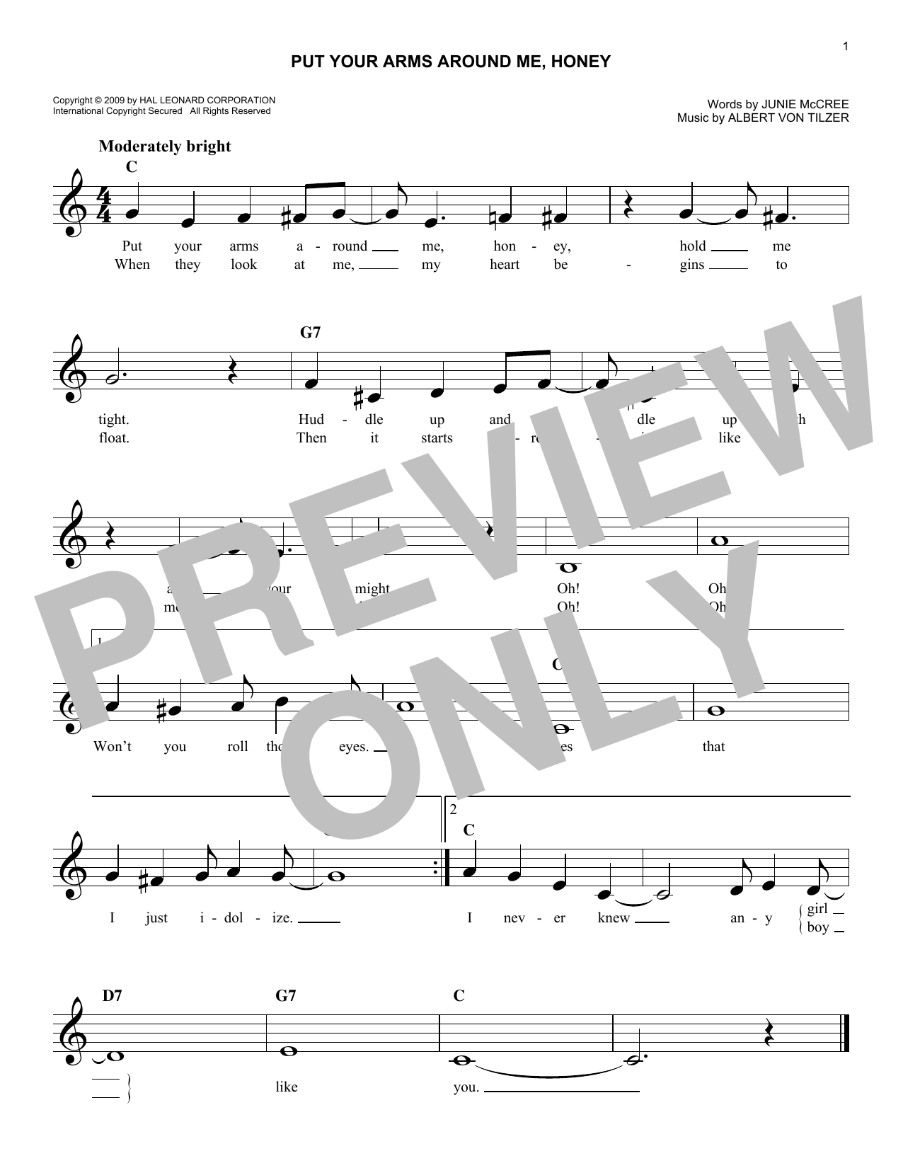Albert von Tilzer Put Your Arms Around Me, Honey sheet music notes and chords arranged for Lead Sheet / Fake Book