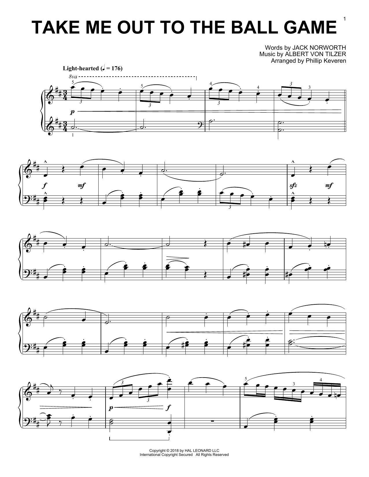Albert von Tilzer Take Me Out To The Ball Game [Jazz version] (arr. Phillip Keveren) sheet music notes and chords arranged for Piano Solo