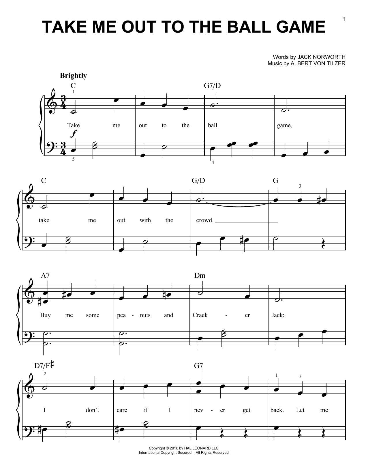 Albert von Tilzer Take Me Out To The Ball Game sheet music notes and chords arranged for Very Easy Piano