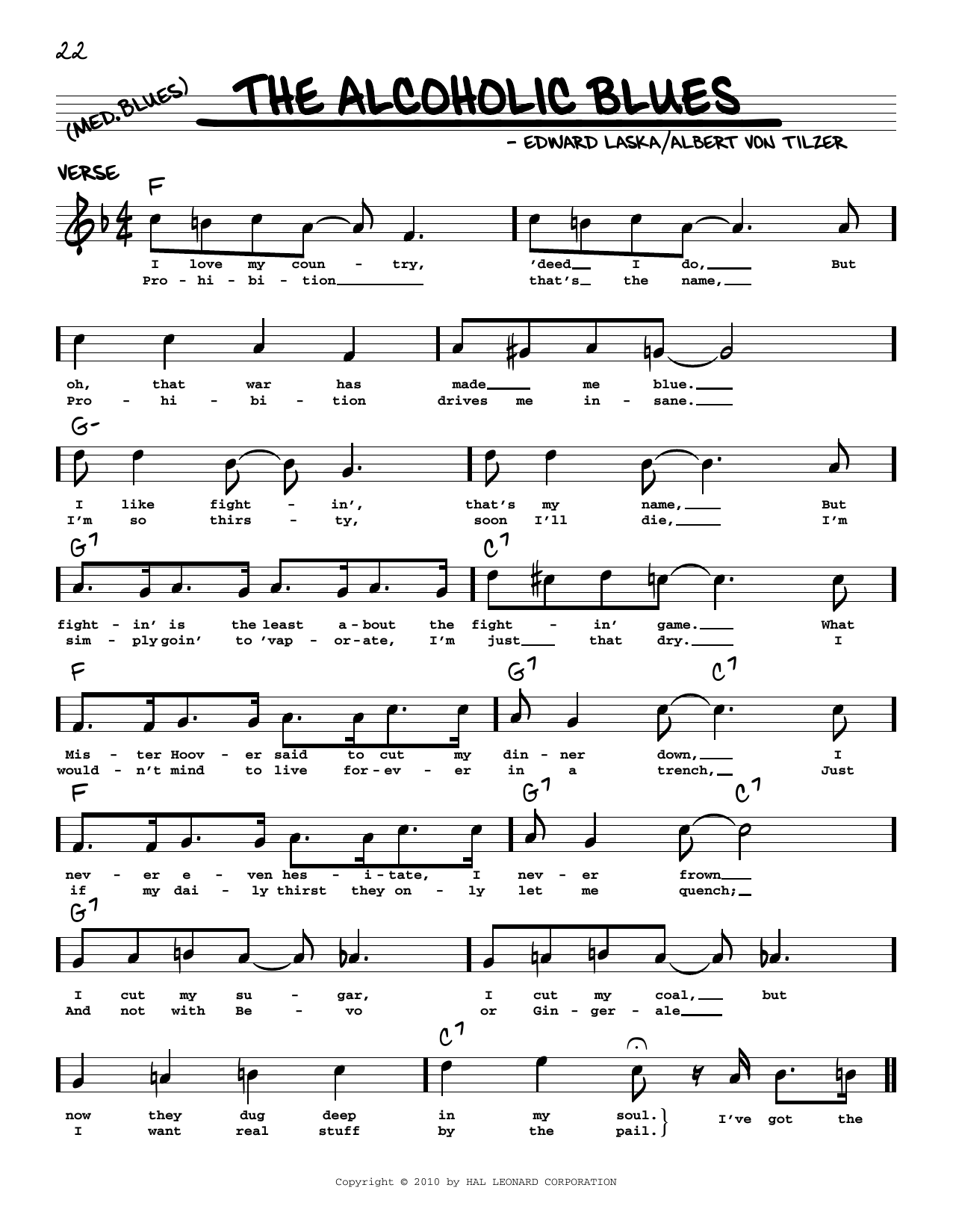 Albert von Tilzer The Alcoholic Blues (arr. Robert Rawlins) sheet music notes and chords arranged for Real Book – Melody, Lyrics & Chords