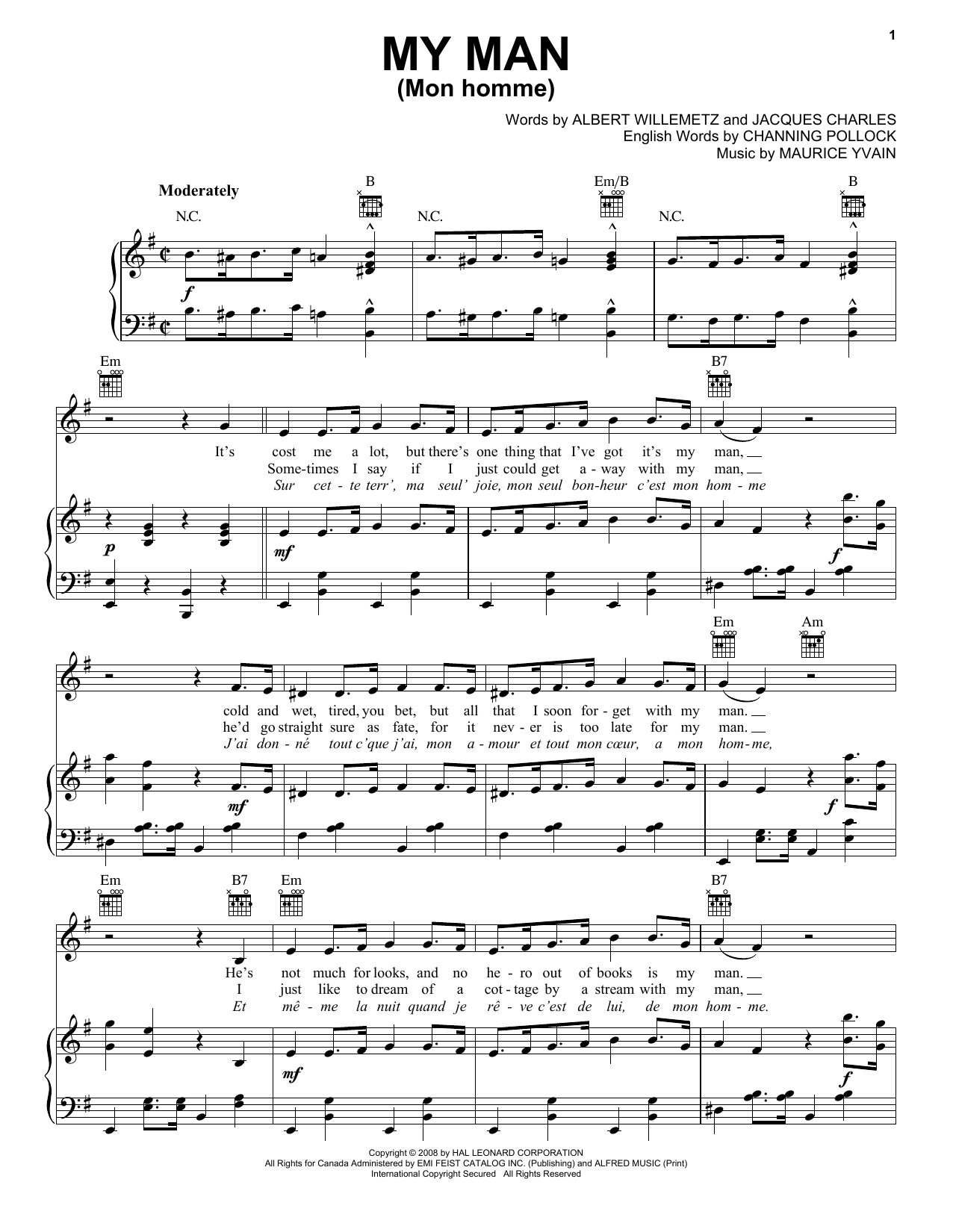 Albert Willemetz My Man (Mon Homme) sheet music notes and chords arranged for Piano, Vocal & Guitar Chords (Right-Hand Melody)