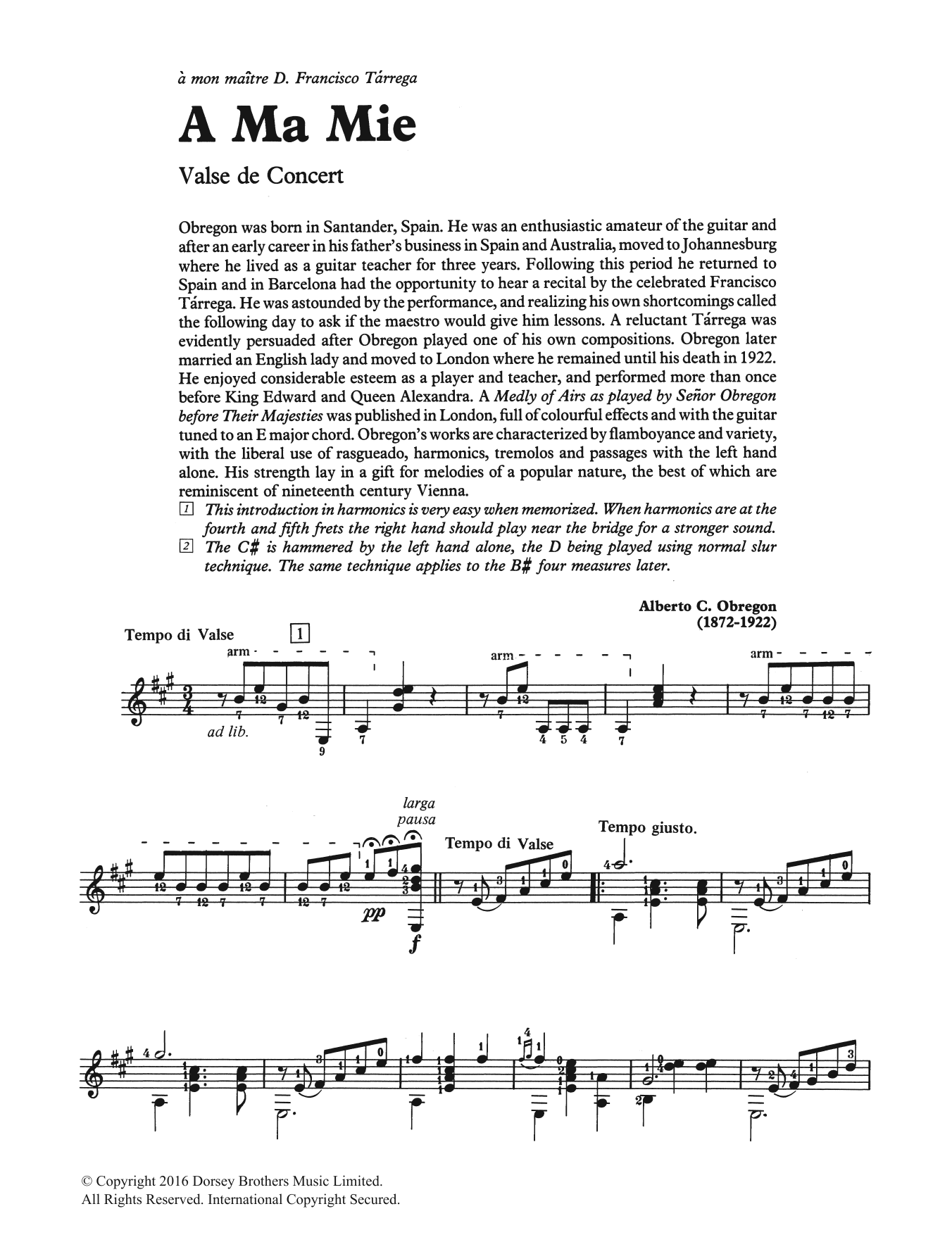 Alberto C. Obregon A Ma Mie sheet music notes and chords arranged for Easy Guitar