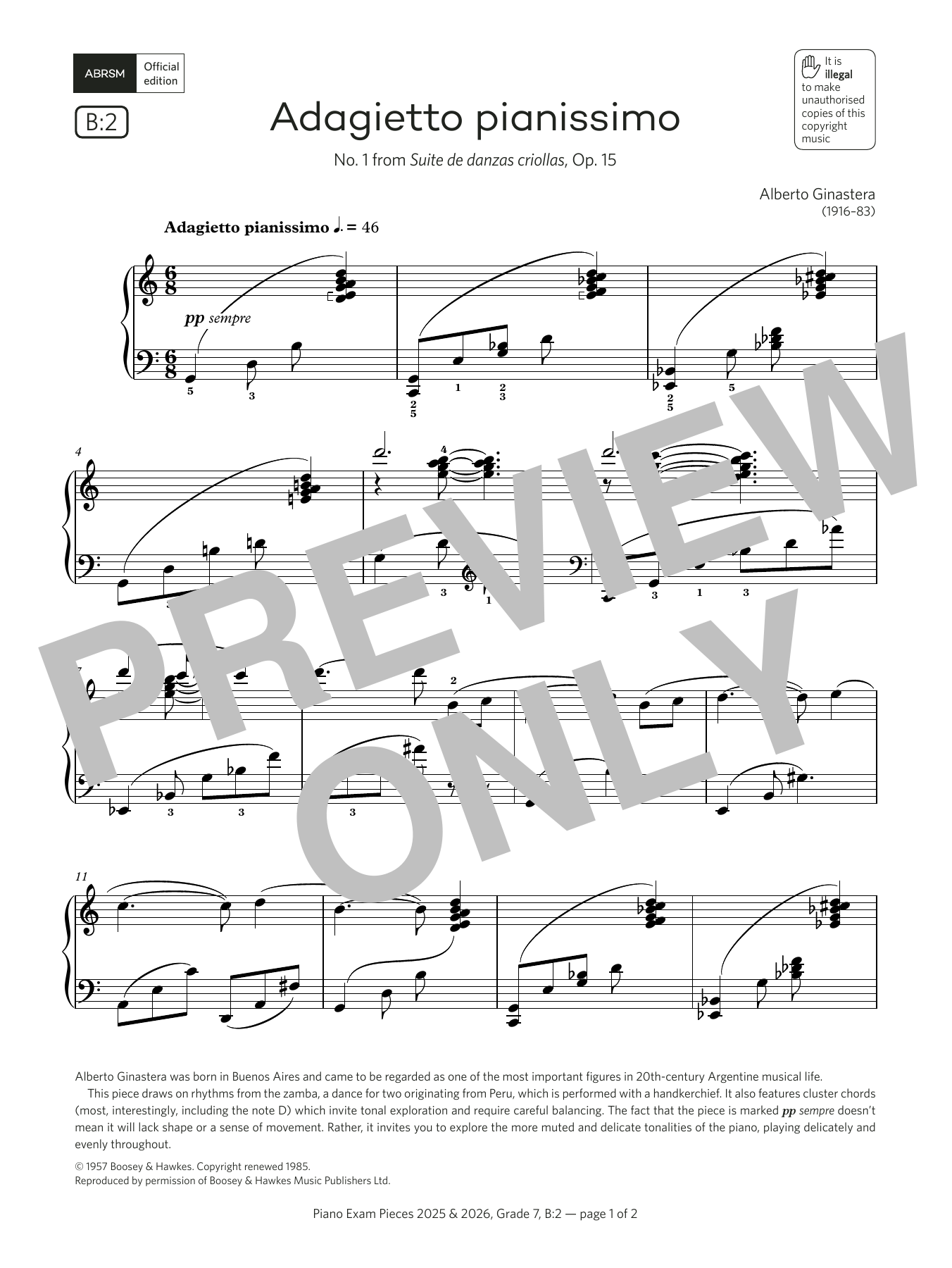 Alberto Ginastera Adagietto pianissimo (Grade 7, list B2, from the ABRSM Piano Syllabus 2025 & 2026) sheet music notes and chords arranged for Piano Solo