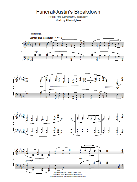 Alberto Iglesias Funeral/Justin's Breakdown (from The Constant Gardener) sheet music notes and chords arranged for Piano Solo