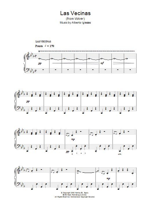 Alberto Iglesias Las Vecinas (from Volver) sheet music notes and chords arranged for Piano Solo