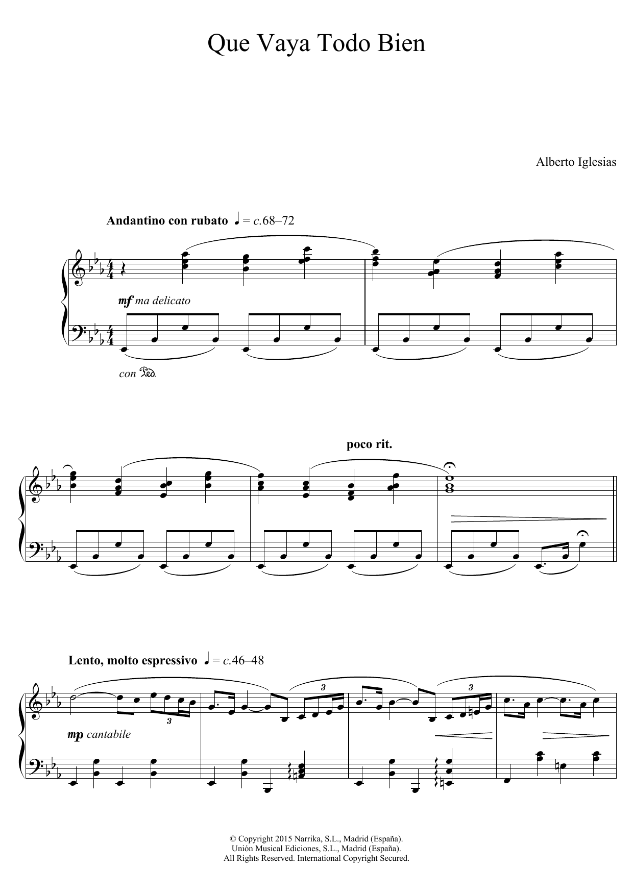 Alberto Iglesias Que Vaya Todo Bien (From 'Ma Ma') sheet music notes and chords arranged for Piano Solo