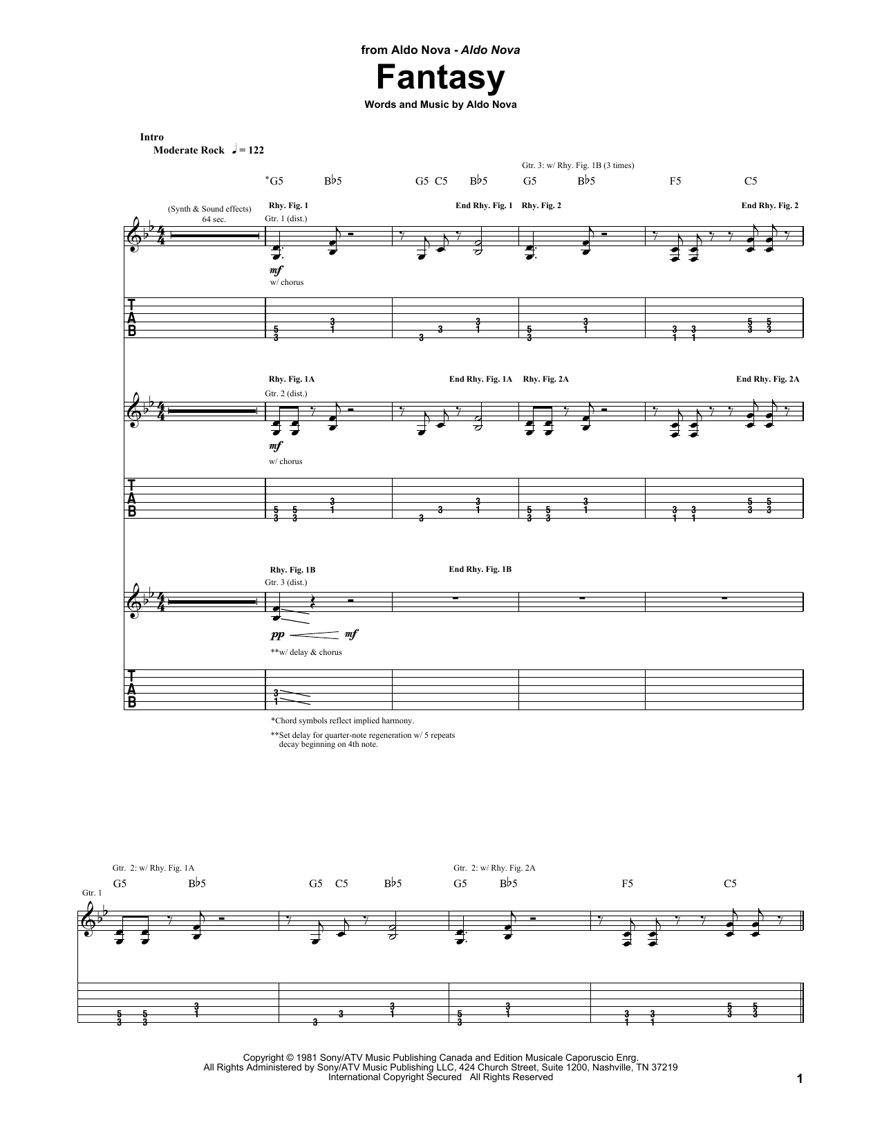 Aldo Nova Fantasy sheet music notes and chords arranged for Guitar Lead Sheet