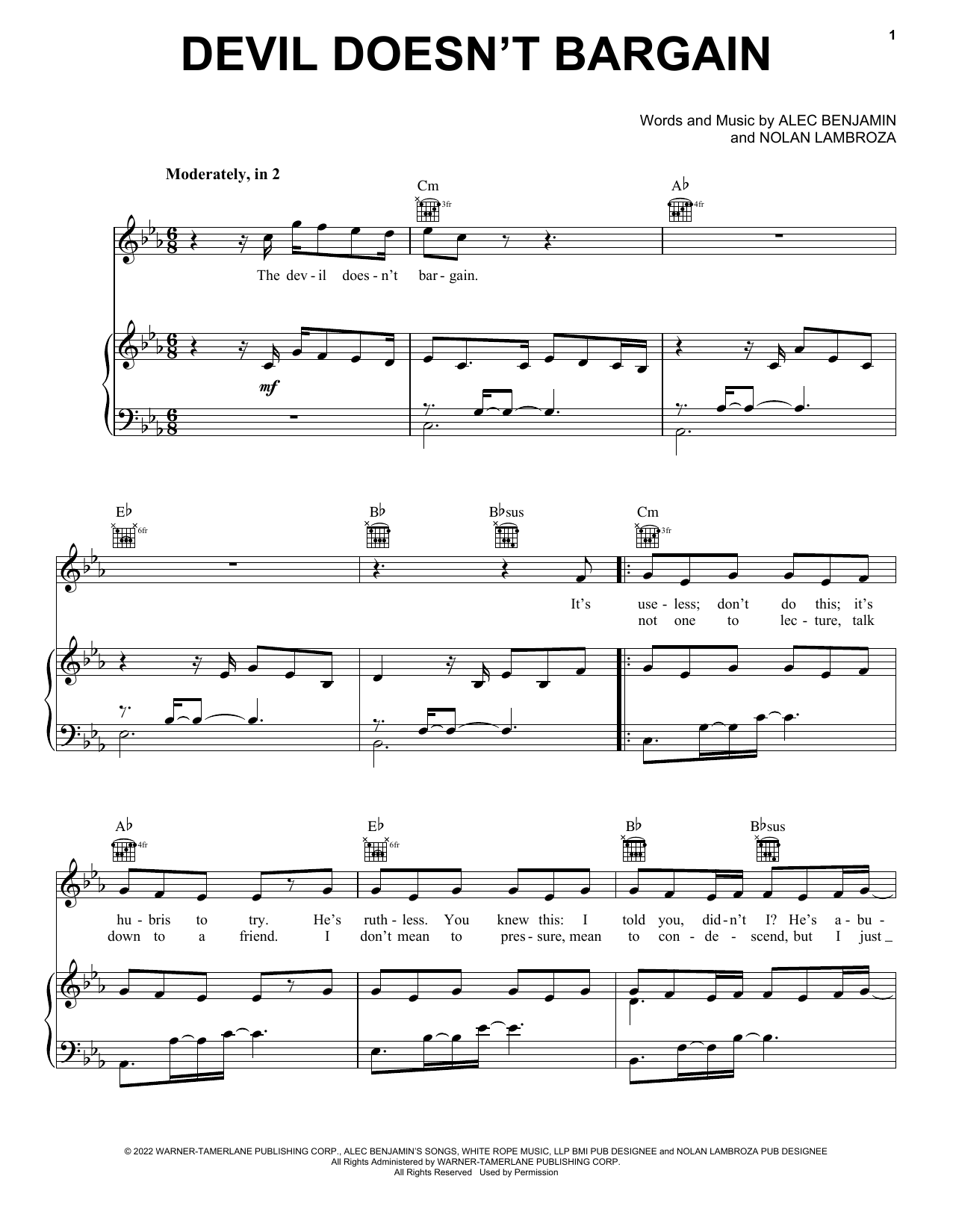 Alec Benjamin Devil Doesn't Bargain sheet music notes and chords arranged for Piano, Vocal & Guitar Chords (Right-Hand Melody)