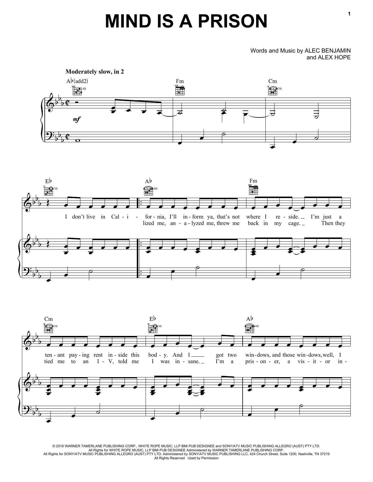 Alec Benjamin Mind Is A Prison sheet music notes and chords arranged for Piano, Vocal & Guitar Chords (Right-Hand Melody)