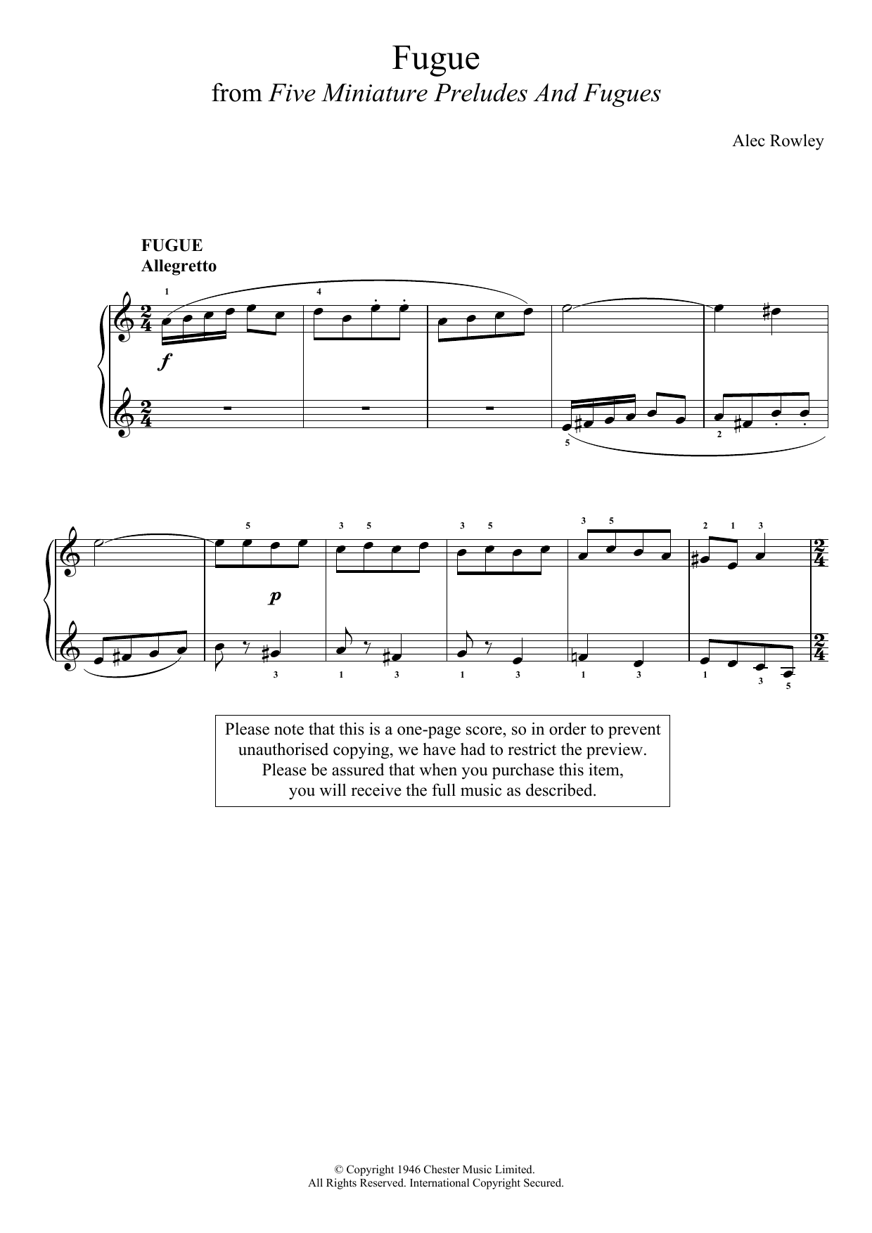 Alec Rowley Five Miniature Preludes And Fugues sheet music notes and chords arranged for Piano Solo