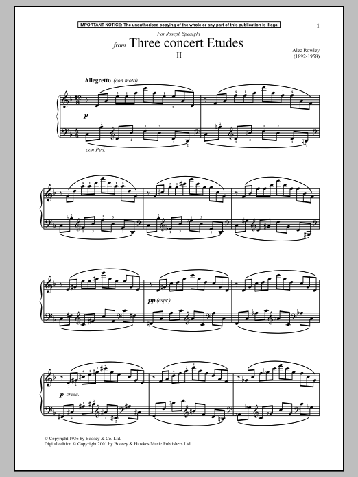 Alec Rowley Three Concert Etudes, II. sheet music notes and chords arranged for Piano Solo