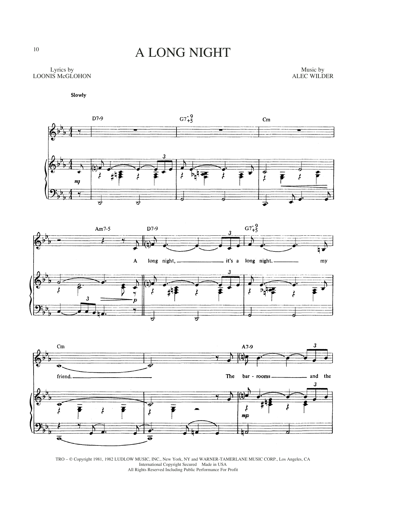 Alec Wilder A Long Night sheet music notes and chords arranged for Piano, Vocal & Guitar Chords (Right-Hand Melody)