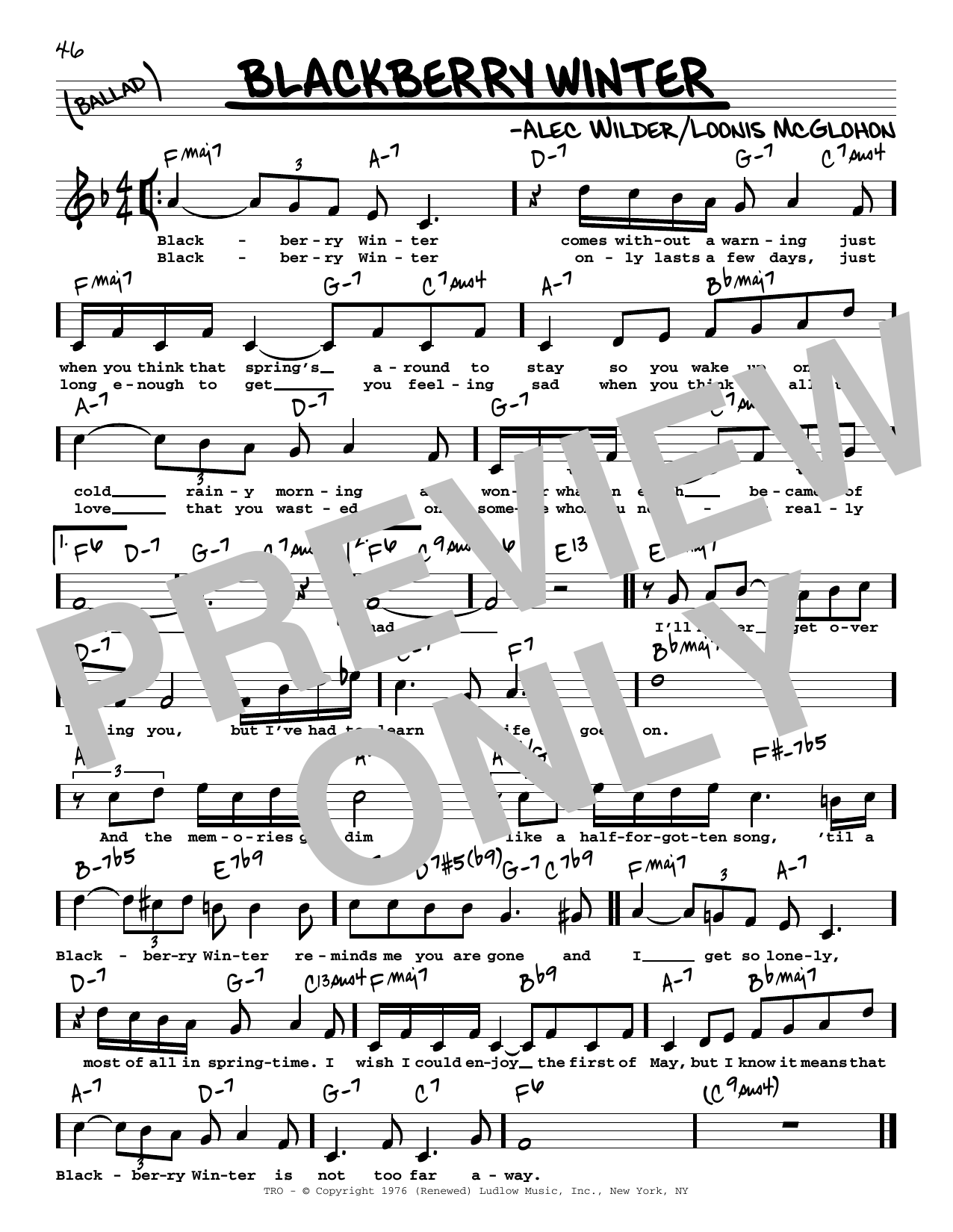 Alec Wilder Blackberry Winter (High Voice) sheet music notes and chords arranged for Real Book – Melody, Lyrics & Chords