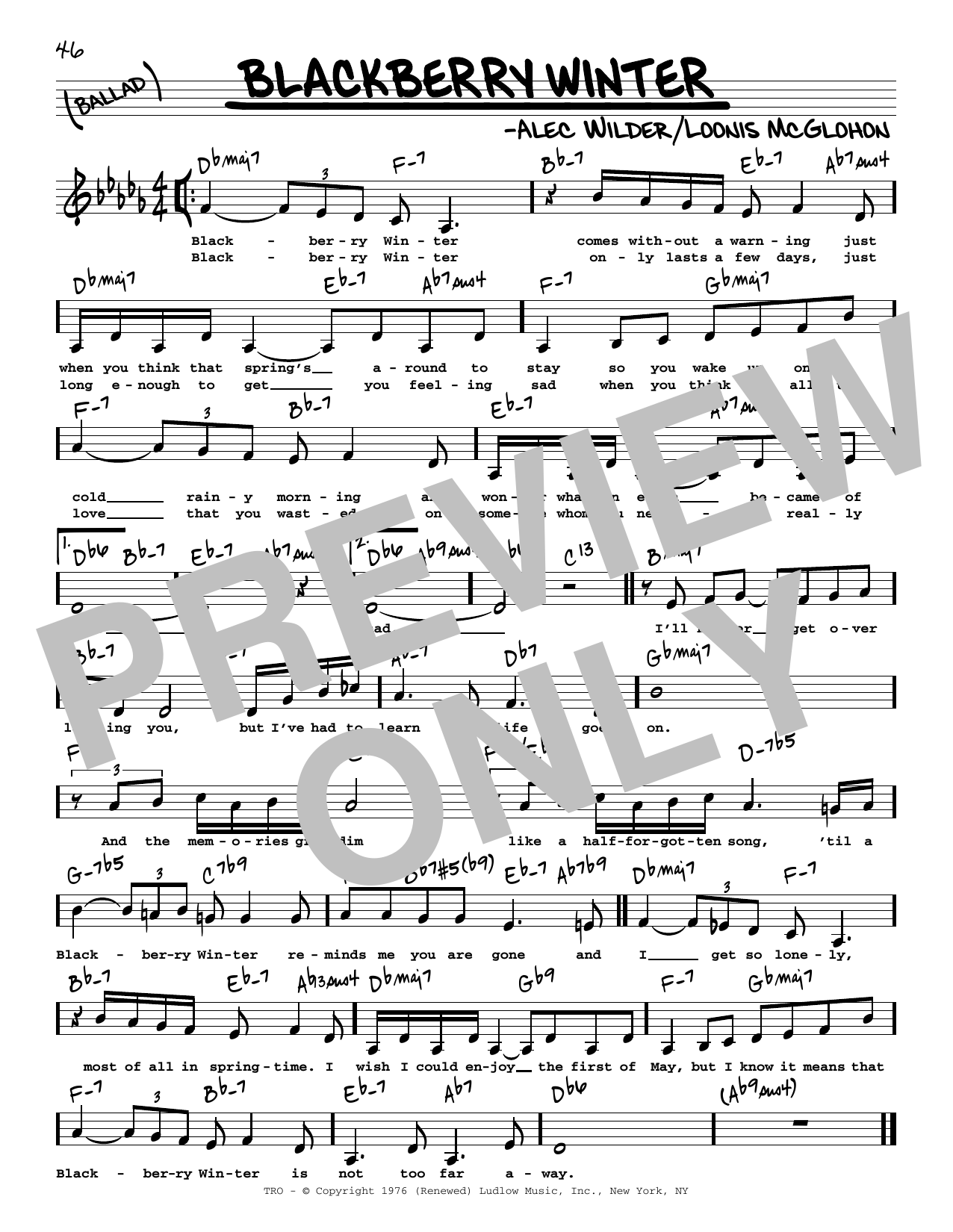 Alec Wilder Blackberry Winter (Low Voice) sheet music notes and chords arranged for Real Book – Melody, Lyrics & Chords