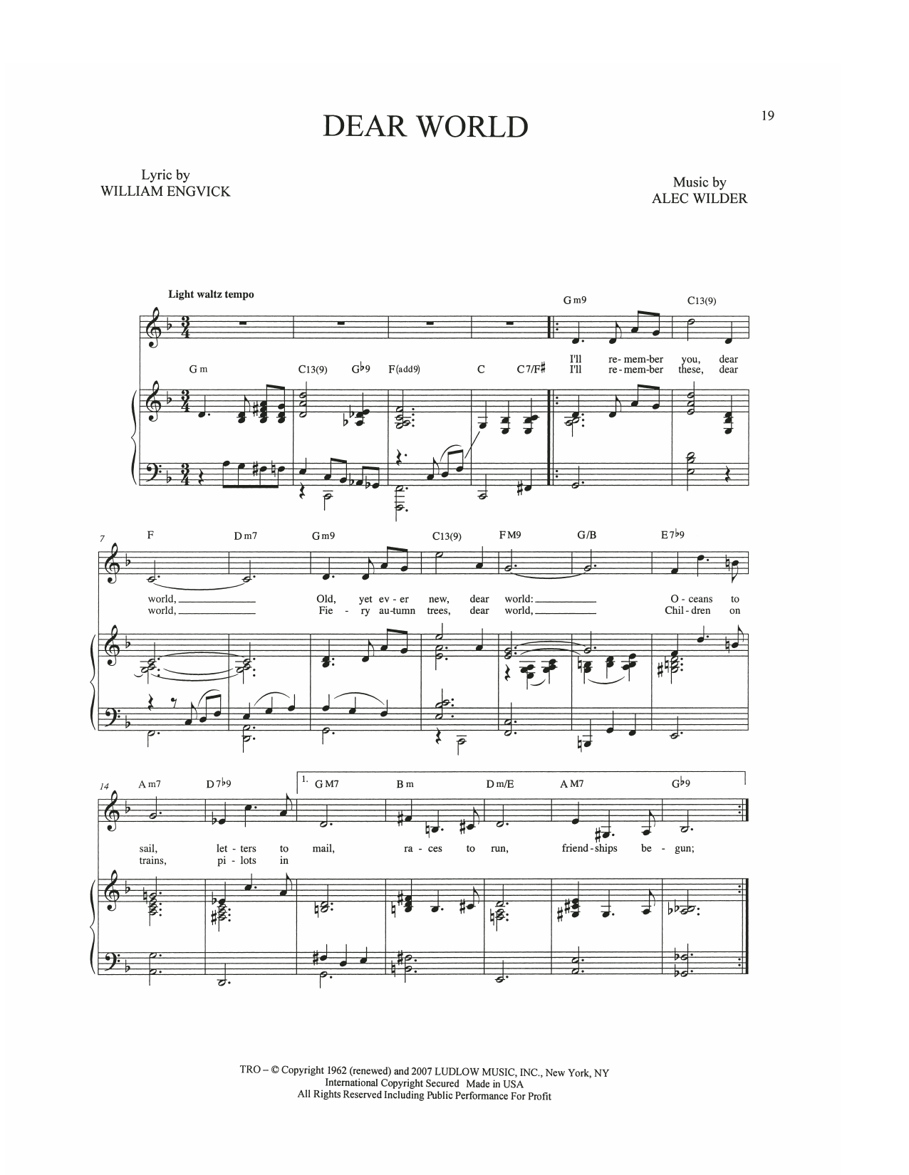 Alec Wilder Dear World sheet music notes and chords arranged for Piano, Vocal & Guitar Chords (Right-Hand Melody)