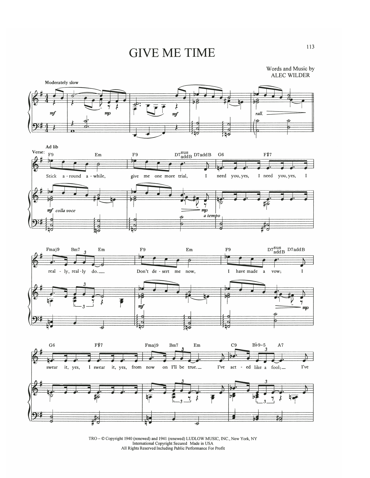 Alec Wilder Give Me Time sheet music notes and chords arranged for Piano, Vocal & Guitar Chords (Right-Hand Melody)