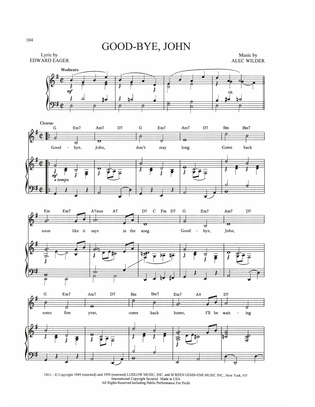 Alec Wilder Good-Bye, John sheet music notes and chords arranged for Piano, Vocal & Guitar Chords (Right-Hand Melody)