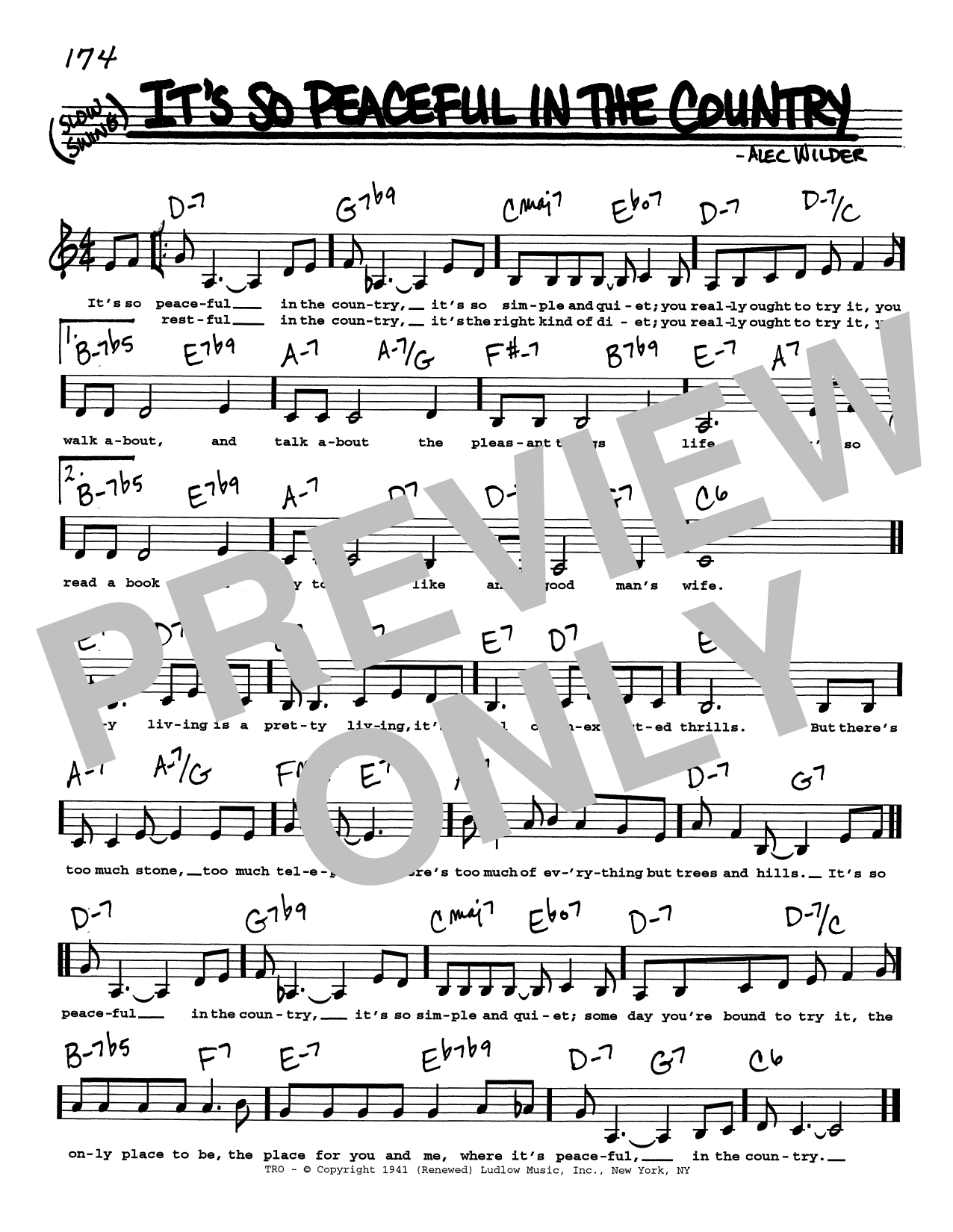 Alec Wilder It's So Peaceful In The Country (Low Voice) sheet music notes and chords arranged for Real Book – Melody, Lyrics & Chords