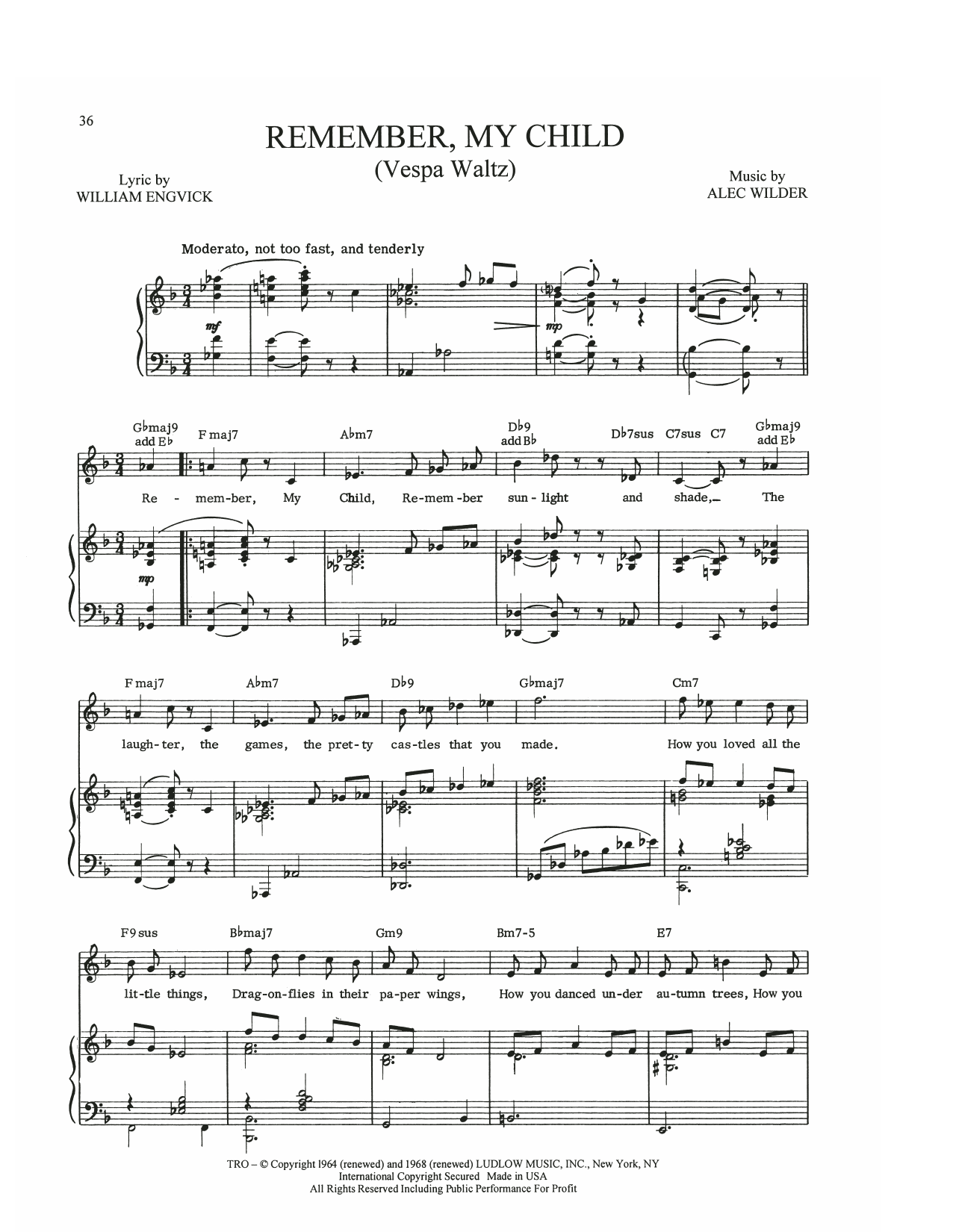 Alec Wilder Remember, My Child (Vespa Waltz) sheet music notes and chords arranged for Piano, Vocal & Guitar Chords (Right-Hand Melody)