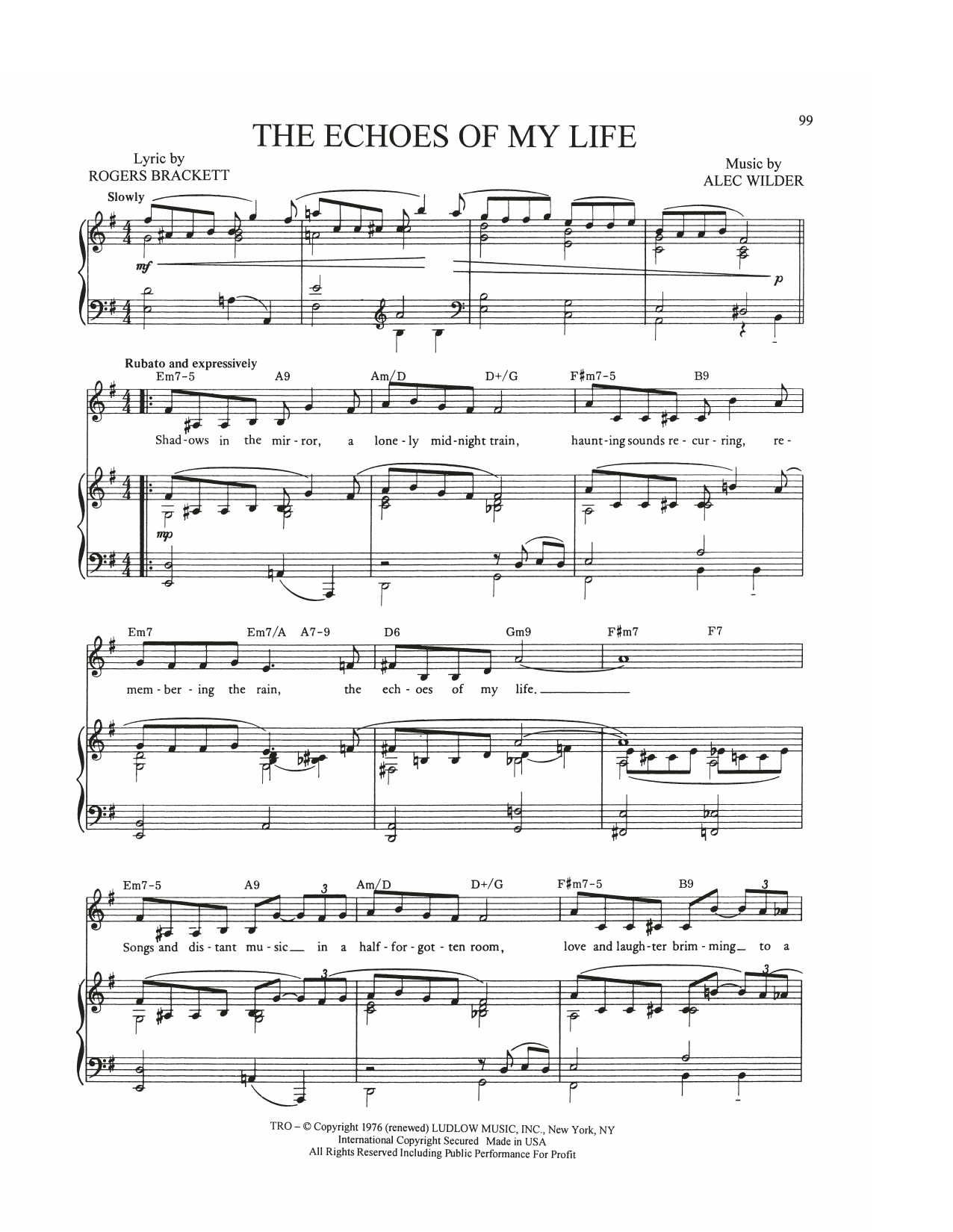 Alec Wilder The Echoes Of My Life sheet music notes and chords arranged for Piano, Vocal & Guitar Chords (Right-Hand Melody)
