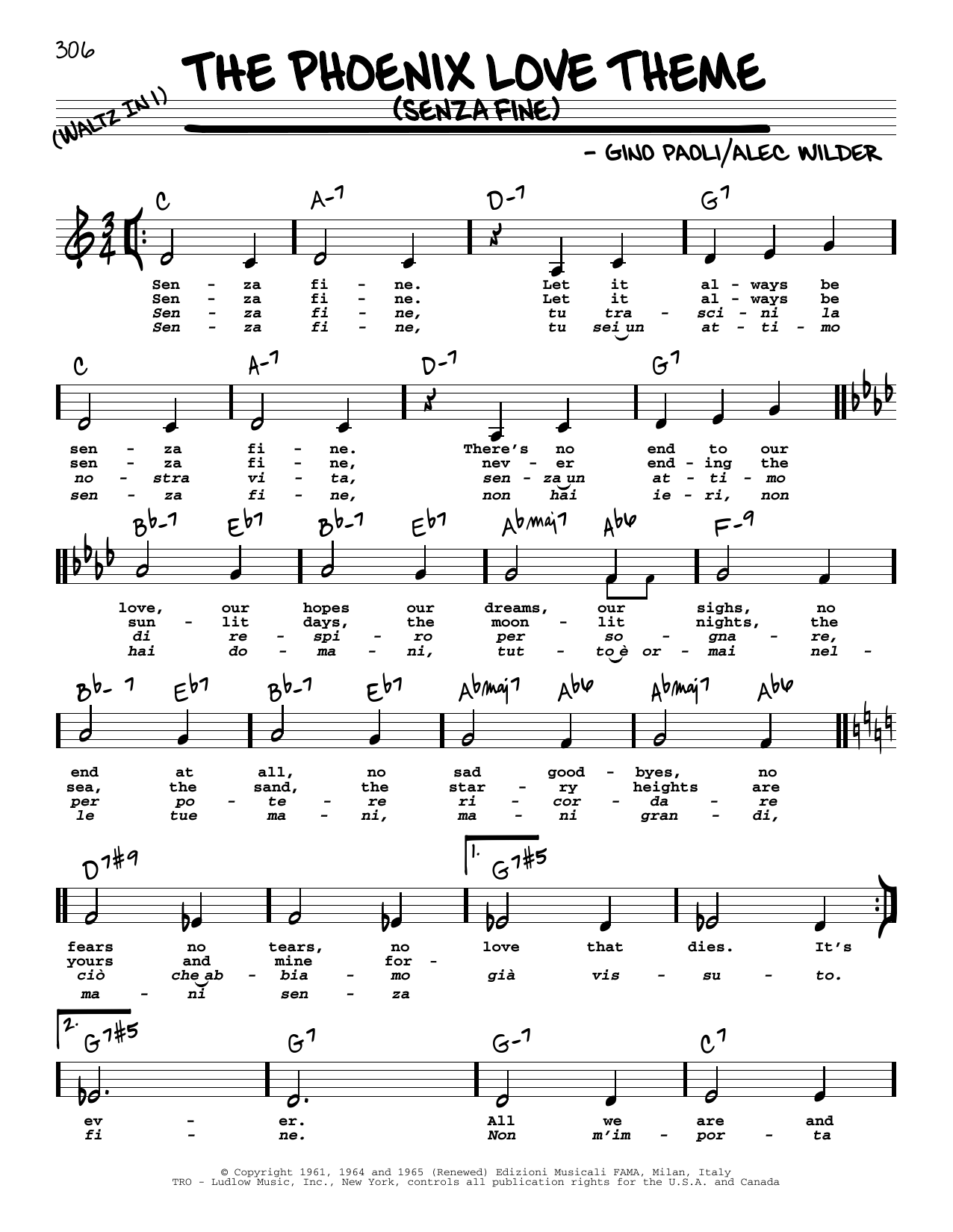 Alec Wilder The Phoenix Love Theme (Senza Fine) (Low Voice) sheet music notes and chords arranged for Real Book – Melody, Lyrics & Chords