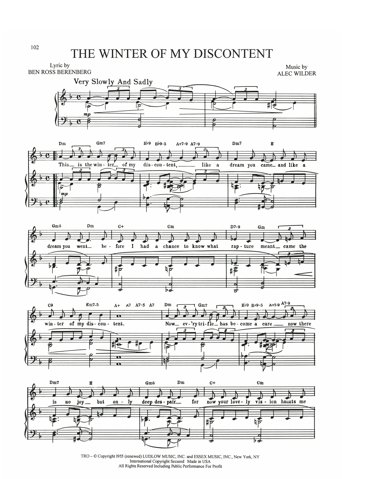 Alec Wilder The Winter Of My Discontent sheet music notes and chords arranged for Piano, Vocal & Guitar Chords (Right-Hand Melody)