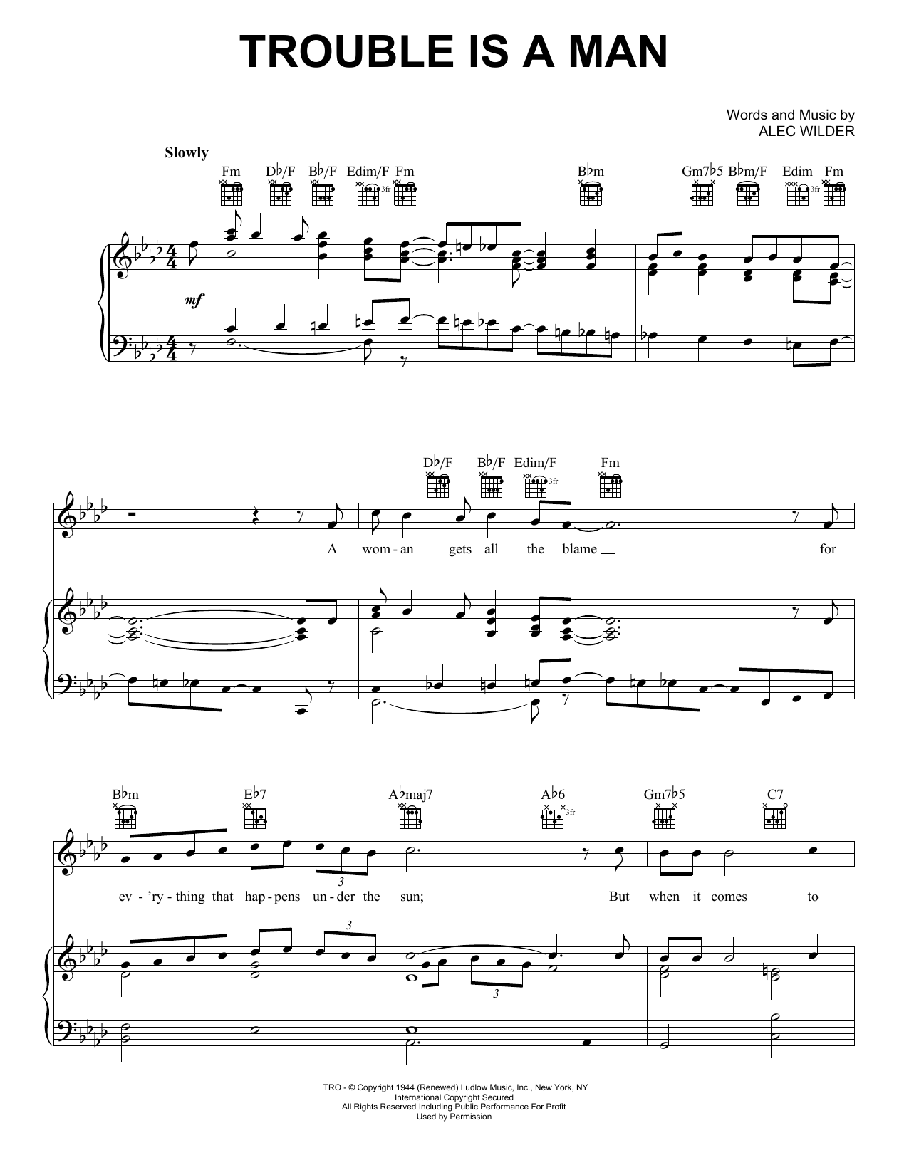 Alec Wilder Trouble Is A Man sheet music notes and chords arranged for Piano, Vocal & Guitar Chords (Right-Hand Melody)