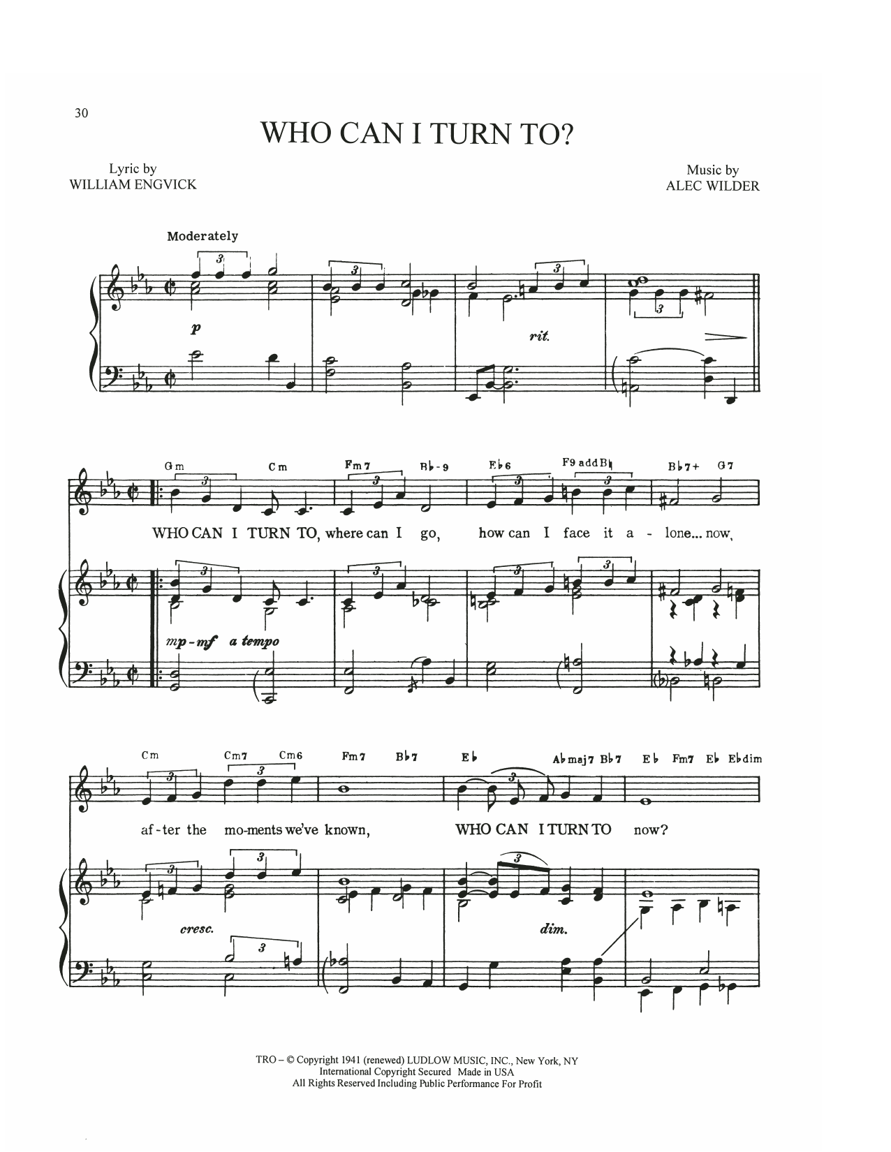 Alec Wilder Who Can I Turn To? sheet music notes and chords arranged for Piano, Vocal & Guitar Chords (Right-Hand Melody)