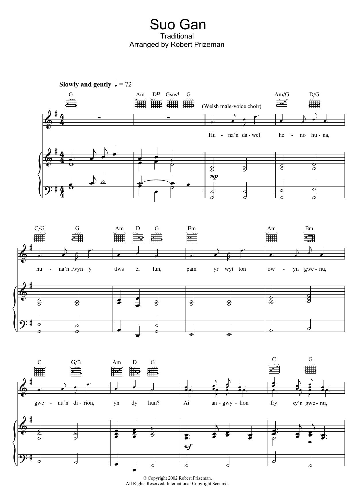 Aled Jones Suo Gan sheet music notes and chords arranged for Piano, Vocal & Guitar Chords