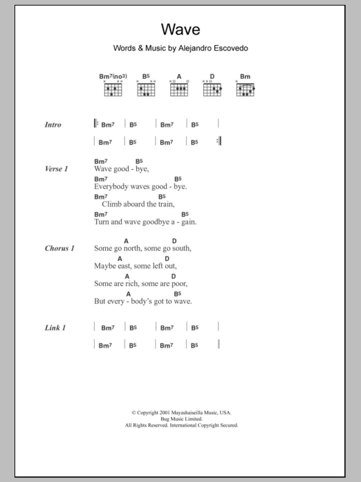 Alejandro Escovedo Wave sheet music notes and chords arranged for Guitar Chords/Lyrics