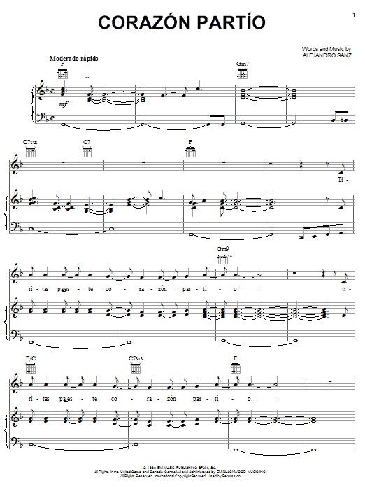 Alejandro Sanz Corazon Partio sheet music notes and chords arranged for Piano, Vocal & Guitar Chords (Right-Hand Melody)