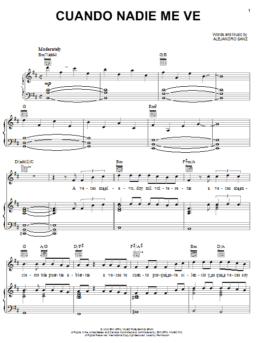Alejandro Sanz Cuando Nadie Me Ve sheet music notes and chords arranged for Piano, Vocal & Guitar Chords (Right-Hand Melody)