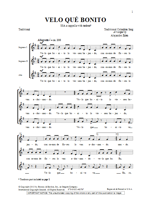 Alejandro Zuleta Velo Que Bonito sheet music notes and chords arranged for SSA Choir