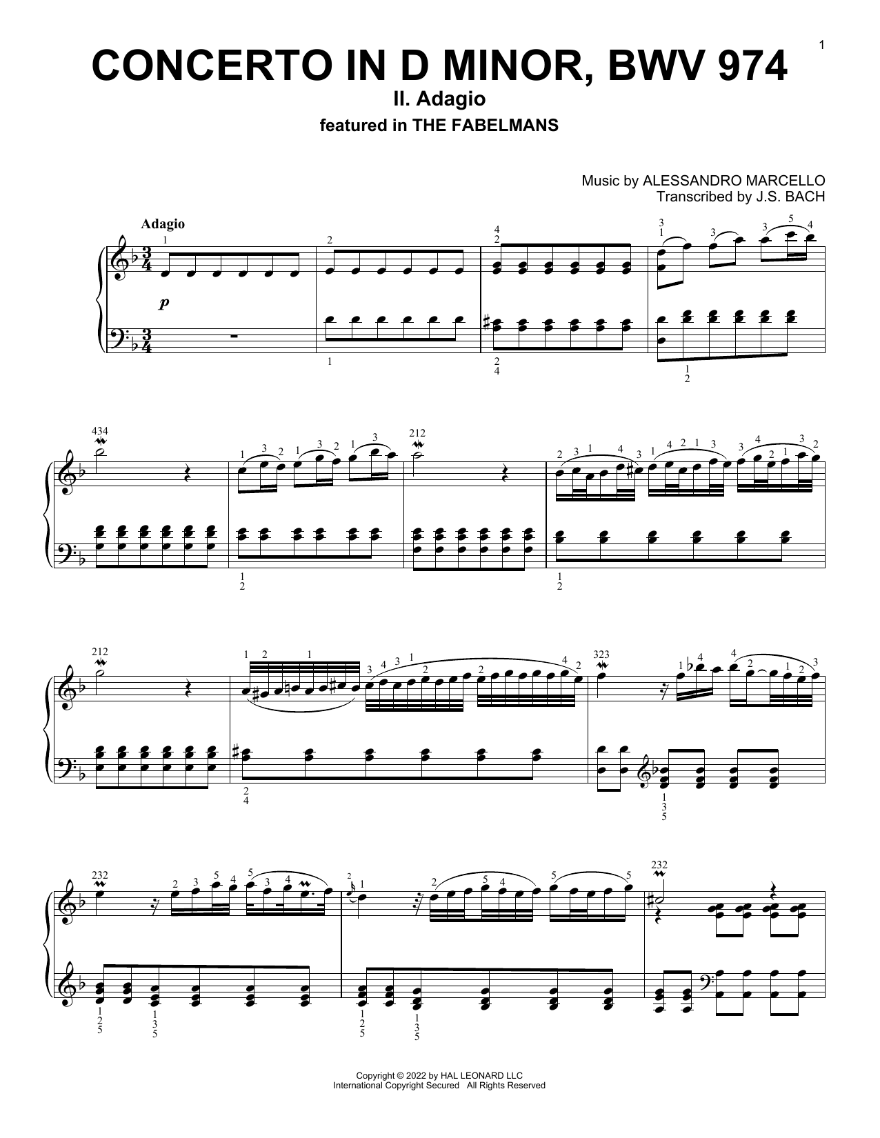 Alessandro Marcello Concerto In D Minor, BWV 974 (II: Adagio) sheet music notes and chords arranged for Piano Solo