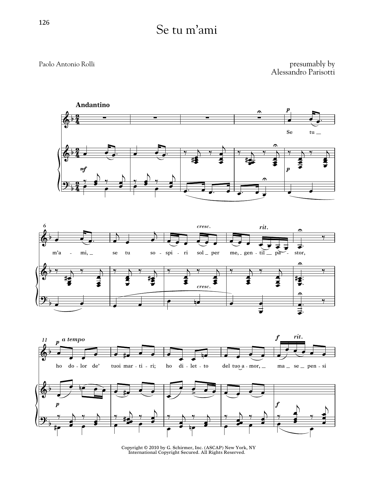Alessandro Parisotti Se Tu M'ami (Low Voice) sheet music notes and chords arranged for Piano & Vocal