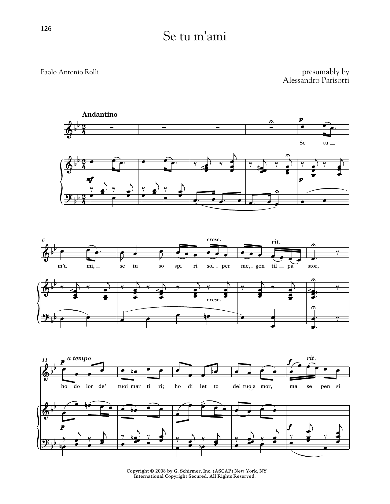 Alessandro Parisotti Se Tu M'ami (Medium High Voice) sheet music notes and chords arranged for Piano & Vocal